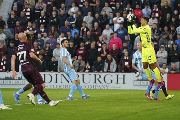 Viktoria Plzen s Marian Tvrdon saves a shot Heart of Midlothian v Viktoria Plzen, UEFA Europa League, Play-Off, Second Leg, Football, Tynecastle Park, Edinburgh, Scotland, UK, 29 Aug 2024 EDITORIAL USE ONLY No use with unauthorised audio, video, data, fixture lists, club league logos or live services. Online in-match use limited to 120 images, no video emulation. No use in betting, games or single club league player publications. Copyright: xPetexSummers Shutterstockx 14676189ax