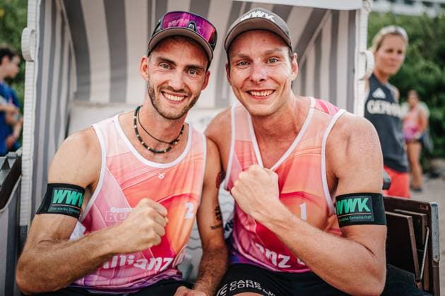 Beach volleyball men Allianz German Beach Tour German Beach Volleyball Championship 2024 29 08 2024 v l Clemens Wickler and Nils Ehlers are happy after the victory Timmendorfer Strand Ahmann Hager Arena Schleswig Holstein Germany