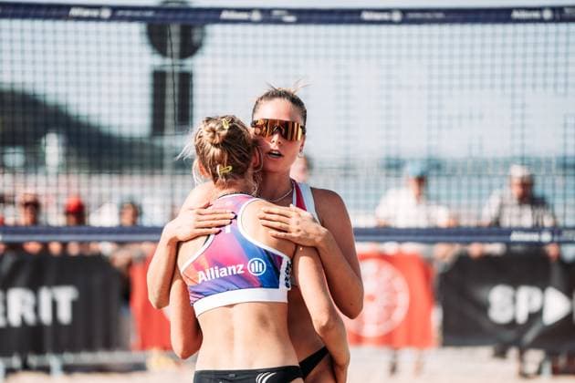 Beach volleyball women Allianz German Beach Tour German Beach Volleyball Championship 2024 29 08 2024 f l Emma Gangey and Lina Hesse Timmendorfer Strand Ahmann Hager Arena Schleswig Holstein Germany