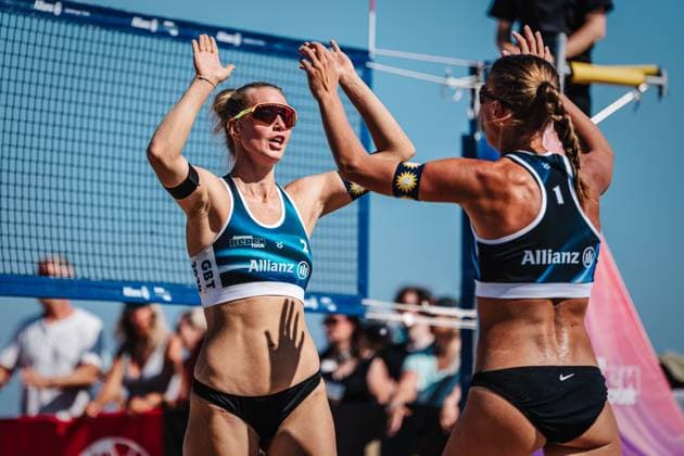 Beach volleyball women Allianz German Beach Tour German Beach Volleyball Championship 2024 29 08 2024 f l Tabea Schwarz and Stefanie Klatt Timmendorfer Strand Ahmann Hager Arena Schleswig Holstein Germany