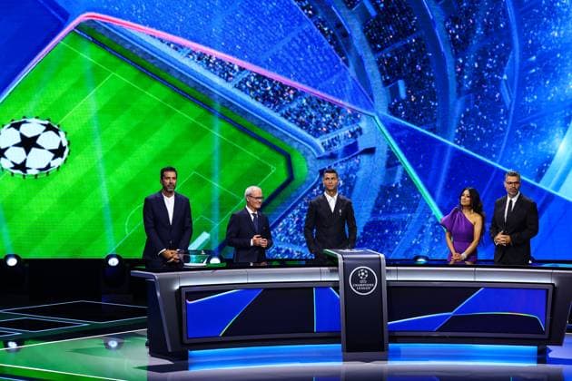 29th of August 2024 - UEFA CHAMPIONS LEAGUE KICK OFF 2024 2025 - DRAW LOTTERY WITH AI - FORUM GRIMALDI A general view of draw lottery with buffon (gianluigi) and ronaldo (cristiano) with chowdhury (reshmin) with pinto (pedro) MONACO MONACO Copyright: xSPORTPIXPRESSx xFREDxPORCUx