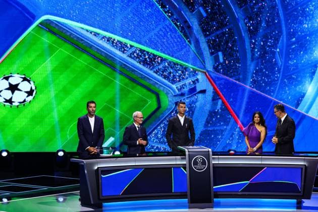 29th of August 2024 - UEFA CHAMPIONS LEAGUE KICK OFF 2024 2025 - DRAW LOTTERY WITH AI - FORUM GRIMALDI A general view of draw lottery with buffon (gianluigi) and ronaldo (cristiano) with chowdhury (reshmin) with pinto (pedro) MONACO MONACO Copyright: xSPORTPIXPRESSx xFREDxPORCUx