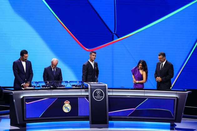 29th of August 2024 - UEFA CHAMPIONS LEAGUE KICK OFF 2024 2025 - DRAW LOTTERY WITH AI - FORUM GRIMALDI A general view with Real Madrid Logo during the draw lottery with buffon (gianluigi) and ronaldo (cristiano) with chowdhury (reshmin) with pinto (pedro) MONACO MONACO Copyright: xSPORTPIXPRESSx xFREDxPORCUx