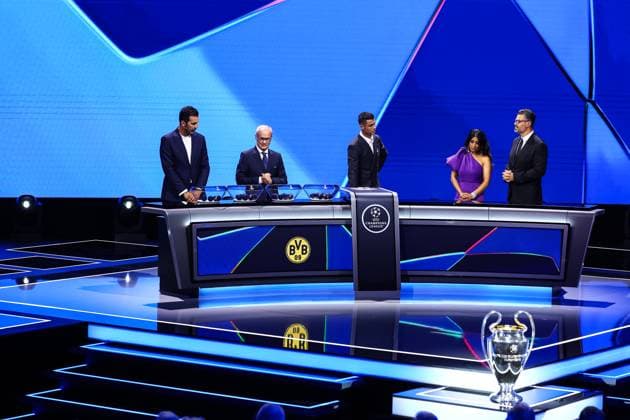 29th of August 2024 - UEFA CHAMPIONS LEAGUE KICK OFF 2024 2025 - DRAW LOTTERY WITH AI - FORUM GRIMALDI A general view with Borussia Dortmund Logo during the draw lottery with buffon (gianluigi) and ronaldo (cristiano) with chowdhury (reshmin) with pinto (pedro) MONACO MONACO Copyright: xSPORTPIXPRESSx xFREDxPORCUx