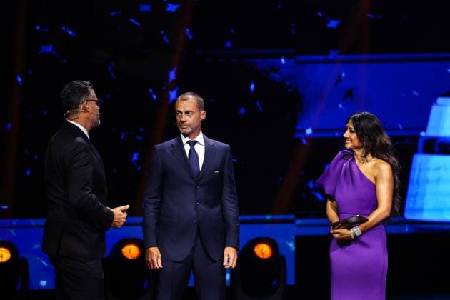 29th of August 2024 - UEFA CHAMPIONS LEAGUE KICK OFF 2024 2025 - DRAW LOTTERY WITH AI - FORUM GRIMALDI The arrival of the UEFA President ceferin (aleksander) on the podium with pinto (pedro) and chowdhury (reshmin) before the draw lottery MONACO MONACO Copyright: xSPORTPIXPRESSx xFREDxPORCUx