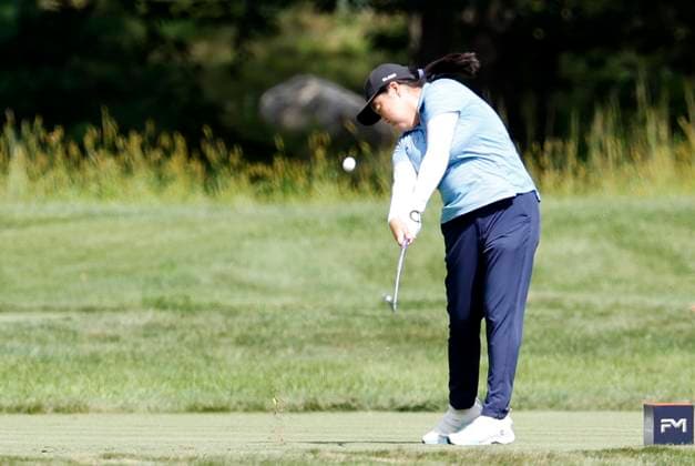 NORTON, MA - AUGUST 29: Ruixin Liu hits from the 16th tee during the first round of the FM Global Championship on August 29, 2024, at TPC Boston in Norton, Massachusetts. (Photo by Fred Kfoury III Icon Sportswire) GOLF: AUG 29 LPGA, Golf Damen FM Global Championship EDITORIAL USE ONLY Icon482240829002
