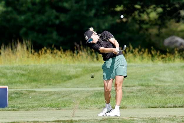 NORTON, MA - AUGUST 29: Lindy Duncan hits from the 16th tee during the first round of the FM Global Championship on August 29, 2024, at TPC Boston in Norton, Massachusetts. (Photo by Fred Kfoury III Icon Sportswire) GOLF: AUG 29 LPGA, Golf Damen FM Global Championship EDITORIAL USE ONLY Icon482240829004
