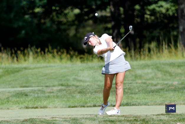 NORTON, MA - AUGUST 29: Carys Fennessey hits from the 16th tee during the first round of the FM Global Championship on August 29, 2024, at TPC Boston in Norton, Massachusetts. (Photo by Fred Kfoury III Icon Sportswire) GOLF: AUG 29 LPGA, Golf Damen FM Global Championship EDITORIAL USE ONLY Icon482240829010