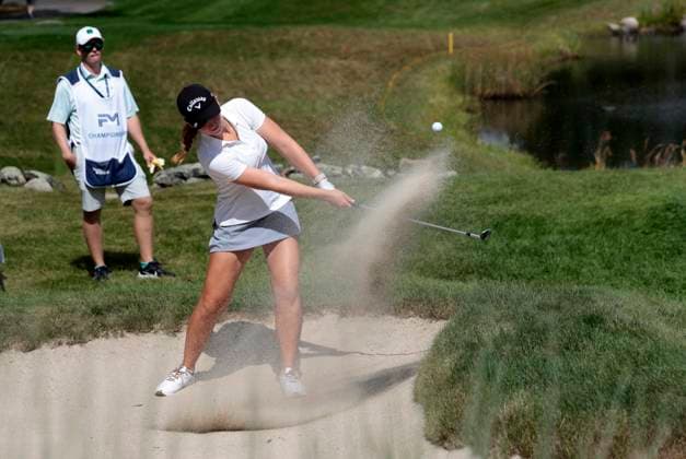 NORTON, MA - AUGUST 29: Carys Fennessey hits from the green side bunker on 16 during the first round of the FM Global Championship on August 29, 2024, at TPC Boston in Norton, Massachusetts. (Photo by Fred Kfoury III Icon Sportswire) GOLF: AUG 29 LPGA, Golf Damen FM Global Championship EDITORIAL USE ONLY Icon482240829011
