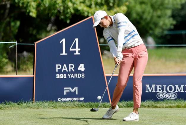 NORTON, MA - AUGUST 29: Dewi Weber drives from the 14th tee during the first round of the FM Global Championship on August 29, 2024, at TPC Boston in Norton, Massachusetts. (Photo by Fred Kfoury III Icon Sportswire) GOLF: AUG 29 LPGA, Golf Damen FM Global Championship EDITORIAL USE ONLY Icon482240829038
