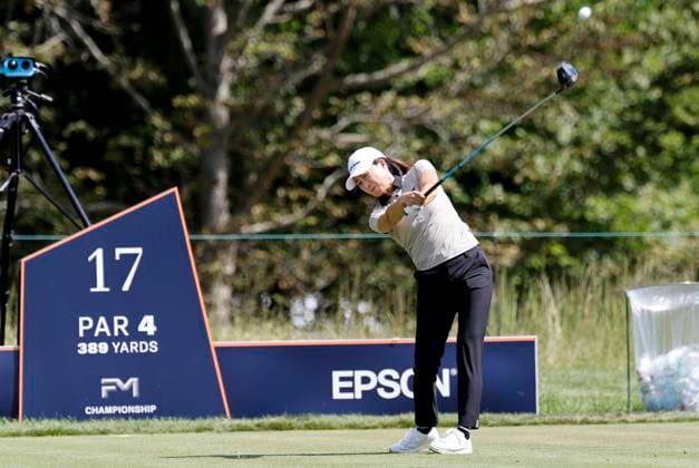 NORTON, MA - AUGUST 29: Jennifer Song drives from the 17th tee during the first round of the FM Global Championship on August 29, 2024, at TPC Boston in Norton, Massachusetts. (Photo by Fred Kfoury III Icon Sportswire) GOLF: AUG 29 LPGA, Golf Damen FM Global Championship EDITORIAL USE ONLY Icon482240829050