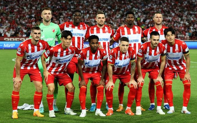 28.08.2024 Belgrade(Serbia) FK Crvena Zvezda(Red Star)- Bodo Glimt Champions League play off men s football Crvena Zvezda (Red Star) team L-R above: Marko ILic ,Nasser Djiga,Timi Max Elsnik,Peter Olayinka,Uros Spajic Down: Ognjen Mimovic,In-beom Hwang, Jose Luis Rodriguez,Bruno Duarte,Mirko Ivanic,Young-woo Seol :S.Sandic