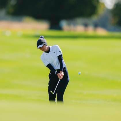 29th August 2024; The O& x2019;Meara Course at Carton House, Maynooth, County Kildare, Ireland; KPMG Womens Irish Open Golf, Round 1; Emma Grechi (FRA) chips her third shot on the 18th green  ActionPlus12686935 PeterxFitzpatrick