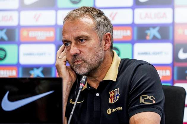 August 30, 2024, Sant Joan Despi, Barcelona, SPAIN: Hansi Flick, head coach of FC Barcelona, Barca attends his press conference, PK, Pressekonferenz during the training day of FC Barcelona ahead the Spanish League, La Liga EA Sports, football match against Real Valladolid at Ciudad Esportiva Joan Gamper on August 30, 2024 in Sant Joan Despi, Barcelona, Spain. Sant Joan Despi SPAIN - ZUMAa181 20240830_zaa_a181_070 Copyright: xJavierxBorregox