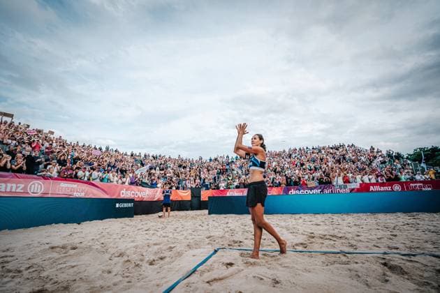 Beach volleyball women Allianz German Beach Tour German Beach Volleyball Championship 2024 30 08 2024 Kira Walkenhorst after the last game of her career Timmendorfer Strand Ahmann Hager Arena Schleswig Holstein Germany