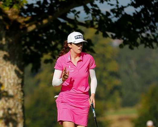 30th August 2024; The O& x2019;Meara Course at Carton House, Maynooth, County Kildare, Ireland; KPMG Womens Irish Open Golf, Round 2; Lauren Walsh (IRL) acknowledges the fans after sinking her putt on the 12th green  ActionPlus12687021 PeterxFitzpatrick