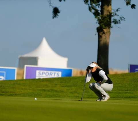 30th August 2024; The O& x2019;Meara Course at Carton House, Maynooth, County Kildare, Ireland; KPMG Womens Irish Open Golf, Round 2; Kristin Sim (NOR) lines up her putt on the 12th green  ActionPlus12687029 PeterxFitzpatrick