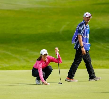30th August 2024; The O& x2019;Meara Course at Carton House, Maynooth, County Kildare, Ireland; KPMG Womens Irish Open Golf, Round 2; Katherine Muzi (USA) lines up her putt on the 17th green  ActionPlus12687040 PeterxFitzpatrick