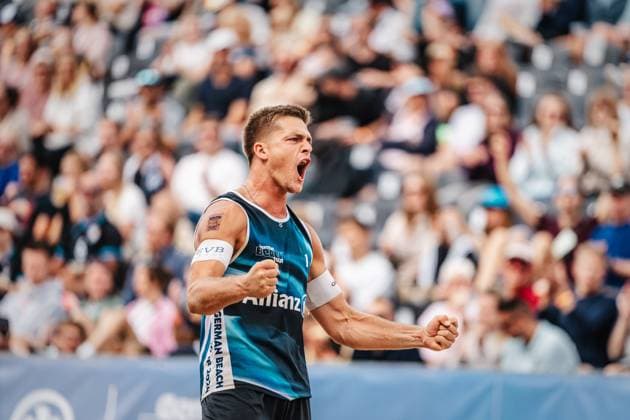 Beach volleyball men Allianz German Beach Tour German Beach Volleyball Championship 2024 30 08 2024 Luis Kubo cheers Timmendorfer Strand Ahmann Hager Arena Schleswig Holstein Germany
