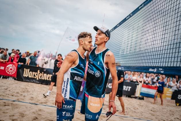 Beach volleyball men Allianz German Beach Tour German Beach Volleyball Championship 2024 30 08 2024 f l Eric Stadie and Momme Lorenz Timmendorfer Strand Ahmann Hager Arena Schleswig Holstein Germany