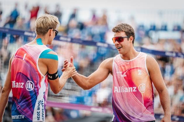 Beach volleyball men Allianz German Beach Tour German Beach Volleyball Championship 2024 30 08 2024 f l Simon Kulzer and Jonas Kaminski Timmendorfer Strand Ahmann Hager Arena Schleswig Holstein Germany