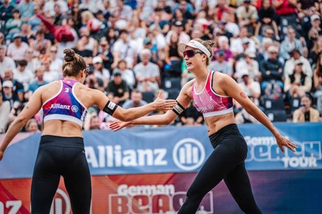 Beach volleyball women Allianz German Beach Tour German Beach Volleyball Championship 2024 30 08 2024 f l Cinja Tillmann and Svenja Müller Timmendorfer Strand Ahmann Hager Arena Schleswig Holstein Germany