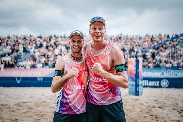 Beach volleyball men Allianz German Beach Tour German Beach Volleyball Championship 2024 30 08 2024 f l Nils Ehlers and Clemens Wickler cheering after the victory Timmendorfer Strand Ahmann Hager Arena Schleswig Holstein Germany