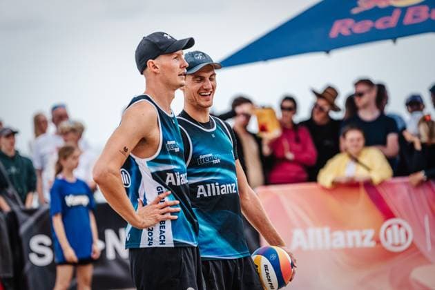 Beach volleyball men Allianz German Beach Tour German Beach Volleyball Championship 2024 30 08 2024 f l Robin Sowa and Max Just Timmendorfer Strand Ahmann Hager Arena Schleswig Holstein Germany