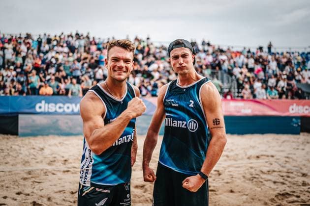 Beach volleyball men Allianz German Beach Tour German Beach Volleyball Championship 2024 30 08 2024 f l Daniel Kirchner and Sven Winter Timmendorfer Strand Ahmann Hager Arena Schleswig Holstein Germany