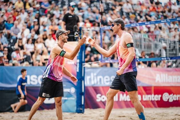 Beach volleyball men Allianz German Beach Tour German Beach Volleyball Championship 2024 30 08 2024 f l Clemens Wickler and Nils Ehlers Timmendorfer Strand Ahmann Hager Arena Schleswig Holstein Germany