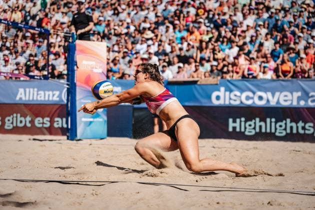Beach volleyball women Allianz German Beach Tour German Beach Volleyball Championship 2024 31 08 2024 Anna Lena Grüne plays the ball Timmendorfer Strand Ahmann Hager Arena Schleswig Holstein Germany