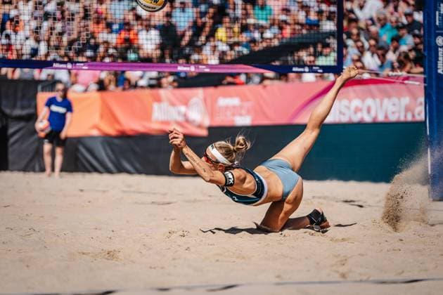 Beach volleyball women Allianz German Beach Tour German Beach Volleyball Championship 2024 31 08 2024 Kim van de Velde plays the ball Timmendorfer Strand Ahmann Hager Arena Schleswig Holstein Germany