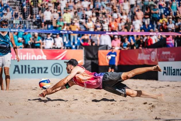 Beach volleyball men Allianz German Beach Tour German Beach Volleyball Championship 2024 31 08 2024 Clemens Wickler jumps to the ball Timmendorfer Strand Ahmann Hager Arena Schleswig Holstein Germany