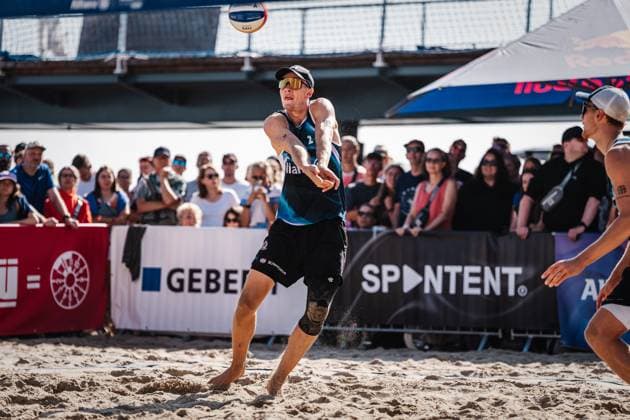 Beach volleyball men Allianz German Beach Tour German Beach Volleyball Championship 2024 31 08 2024 Robin Sowa plays the ball Timmendorfer Strand Ahmann Hager Arena Schleswig Holstein Germany