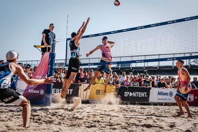 Beach volleyball men Allianz German Beach Tour German Beach Volleyball Championship 2024 31 08 2024 Momme Lorenz attacking Timmendorfer Strand Ahmann Hager Arena Schleswig Holstein Germany