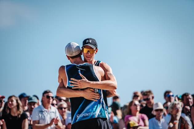 Beach volleyball men Allianz German Beach Tour German Beach Volleyball Championship 2024 31 08 2024 f l Max Just and Robin Sowa Timmendorfer Strand Ahmann Hager Arena Schleswig Holstein Germany