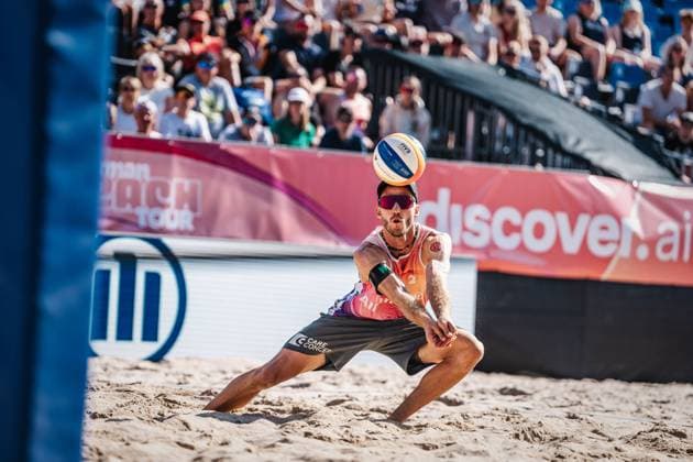 Beach volleyball men Allianz German Beach Tour German Beach Volleyball Championship 2024 31 08 2024 Clemens Wickler plays the ball Timmendorfer Strand Ahmann Hager Arena Schleswig Holstein Germany