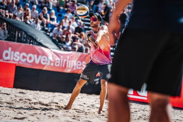 Beach volleyball men Allianz German Beach Tour German Beach Volleyball Championship 2024 31 08 2024 Clemens Wickler plays the ball Timmendorfer Strand Ahmann Hager Arena Schleswig Holstein Germany