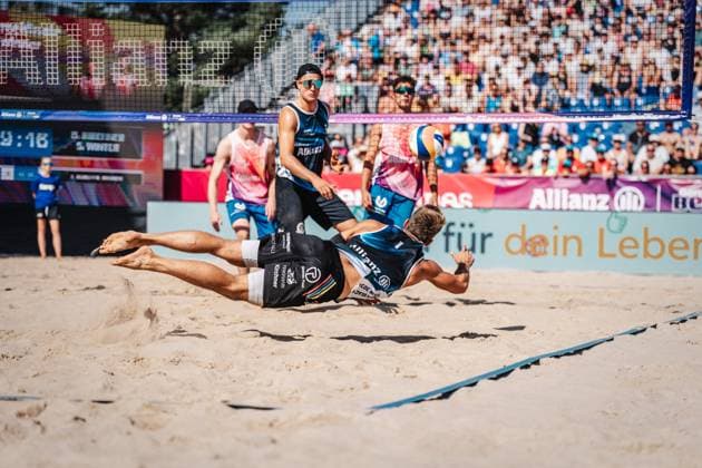 Beach volleyball men Allianz German Beach Tour German Beach Volleyball Championship 2024 31 08 2024 Daniel Kirchner jumps to the ball Timmendorfer Strand Ahmann Hager Arena Schleswig Holstein Germany