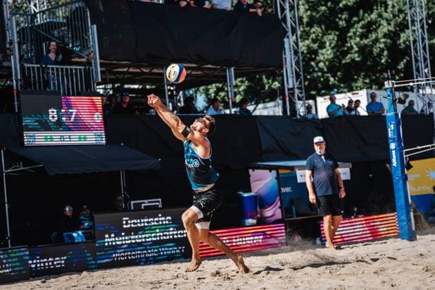 Beach volleyball men Allianz German Beach Tour German Beach Volleyball Championship 2024 31 08 2024 Daniel Kirchner plays the ball Timmendorfer Strand Ahmann Hager Arena Schleswig Holstein Germany