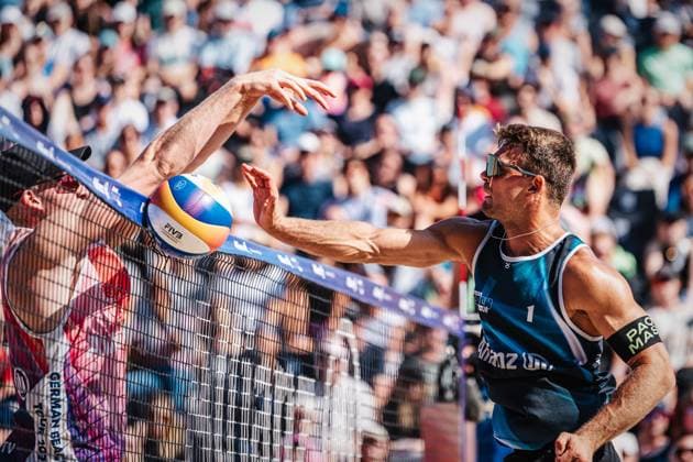 Beach volleyball men Allianz German Beach Tour German Beach Volleyball Championship 2024 31 08 2024 f l Philipp Huster and Daniel Kirchner Timmendorfer Strand Ahmann Hager Arena Schleswig Holstein Germany