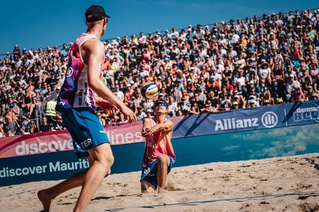 Beach volleyball men Allianz German Beach Tour German Beach Volleyball Championship 2024 31 08 2024 Lui Wüst plays the ball Timmendorfer Strand Ahmann Hager Arena Schleswig Holstein Germany