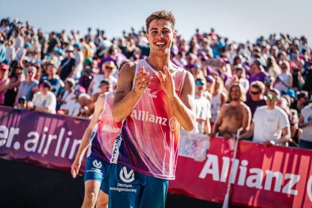 Beach volleyball men Allianz German Beach Tour German Beach Volleyball Championship 2024 31 08 2024 Lui Wüst happy after the victory Timmendorfer Strand Ahmann Hager Arena Schleswig Holstein Germany