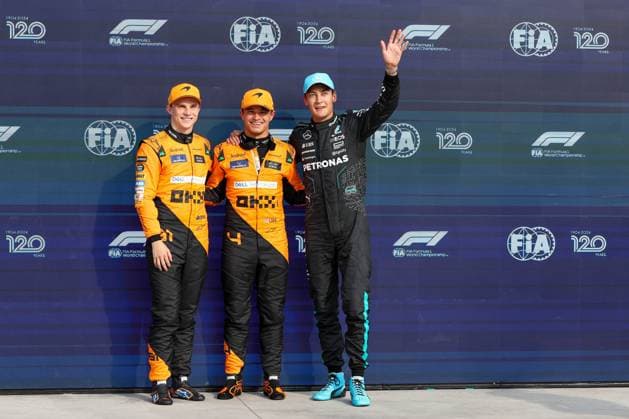 l r 2 starting position Oscar Piastri McLaren , Pole Position Lando Norris McLaren , 3 starting position George Russell Mercedes AMG , Qualifying, Italian Grand Prix, Motorsport, Men, Formula 1, 31 08 2024 Monza Lombardy Italy Copyright: xkolbert-press ChristianxKolbertx