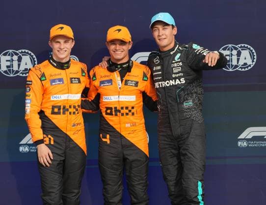 31 08 2024, Autodromo Nazionale di Monza, Monza, FORMULA 1 PIRELLI GRAN PREMIO D ITALIA 2024 ,in the picture pole position for Lando Norris GBR , McLaren F1 Team, 2 starting position for Oscar Piastri AUS , 3 starting position for George Russell GBR , Mercedes AMG Petronas Formula One Team Defodi 506 20240831 hbr 3210 Defodi-506