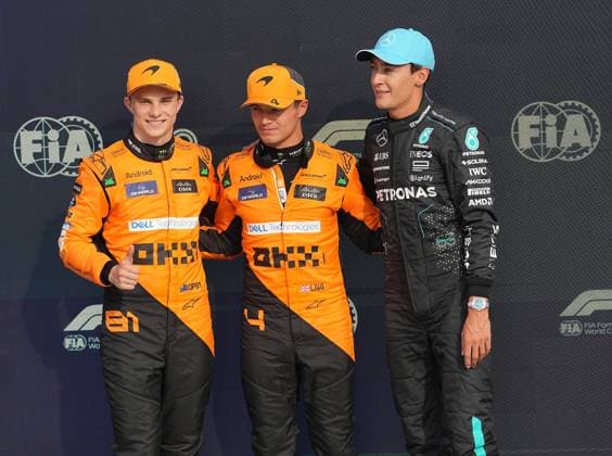 31 08 2024, Autodromo Nazionale di Monza, Monza, FORMULA 1 PIRELLI GRAN PREMIO D ITALIA 2024 ,in the picture pole position for Lando Norris GBR , McLaren F1 Team, 2 starting position for Oscar Piastri AUS , 3 starting position for George Russell GBR , Mercedes AMG Petronas Formula One Team Defodi 506 20240831 hbr 3229 Defodi-506
