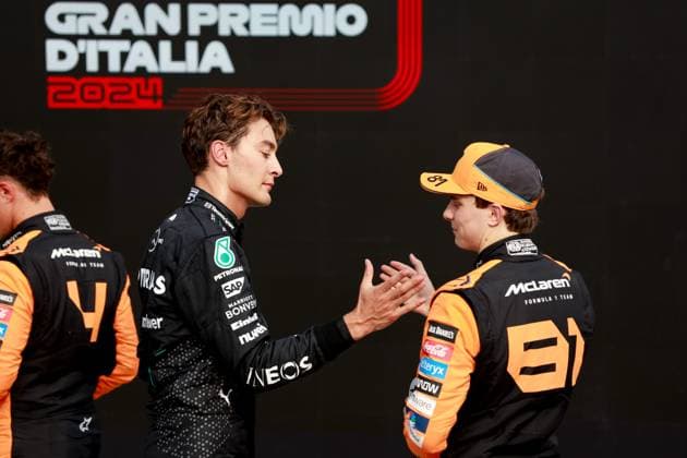 63 George Russell GBR, Mercedes AMG Petronas F1 Team , 81 Oscar Piastri AUS, McLaren Formula 1 Team , F1 Grand Prix of Italy at Autodromo Nazionale Monza on August 31, 2024 in Monza, Italy Photo by HOCH ZWEI Monza Italy