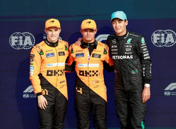 81 Oscar Piastri AUS, McLaren Formula 1 Team , 4 Lando Norris GBR, McLaren Formula 1 Team , 63 George Russell GBR, Mercedes AMG Petronas F1 Team , F1 Grand Prix of Italy at Autodromo Nazionale Monza on August 31, 2024 in Monza, Italy Photo by HOCH ZWEI Monza Italy