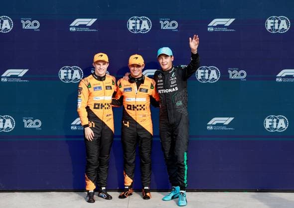 81 Oscar Piastri AUS, McLaren Formula 1 Team , 4 Lando Norris GBR, McLaren Formula 1 Team , 63 George Russell GBR, Mercedes AMG Petronas F1 Team , F1 Grand Prix of Italy at Autodromo Nazionale Monza on August 31, 2024 in Monza, Italy Photo by HOCH ZWEI Monza Italy