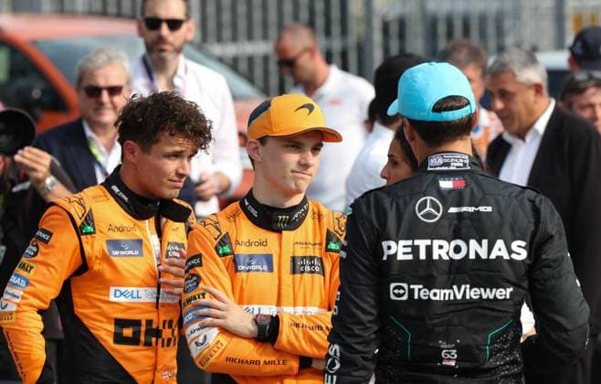 Monza: Monza- F1 Italy Grand Prix& xA;Formula 1 & xA;Monza Qualifying& xA;81 Oscar Piastri Team McLaren F1& xA;04 Lando Norris Team McLaren F1& xA;63 George Russell Team Mercedes-AMG F1& xA; - Formula 1 - Formula 1 - Pirelli Gran Premio d Italia 2024 - Qualifying  - ZUMAp169 20240831_zsa_p169_678 Copyright: xSergioxBisi IPAxSportx